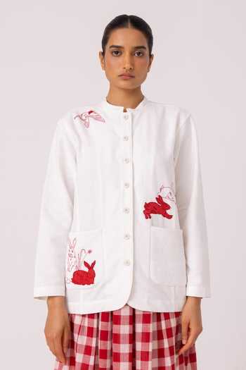 Buy_The Summer House_White Handloom Cotton Band Collar Alma Handwoven Shacket_Online_at_Aza_Fashions