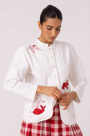 The Summer House_White Handloom Cotton Band Collar Alma Handwoven Shacket_at_Aza_Fashions
