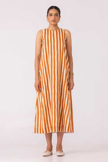 The Summer House_White Cotton Round Neck Amaran Rust Striped Midi Dress _Online_at_Aza_Fashions