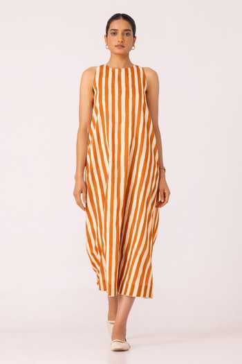 Buy_The Summer House_White Cotton Round Neck Amaran Rust Striped Midi Dress _Online_at_Aza_Fashions