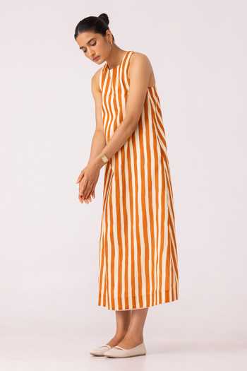 Shop_The Summer House_White Cotton Round Neck Amaran Rust Striped Midi Dress _Online_at_Aza_Fashions