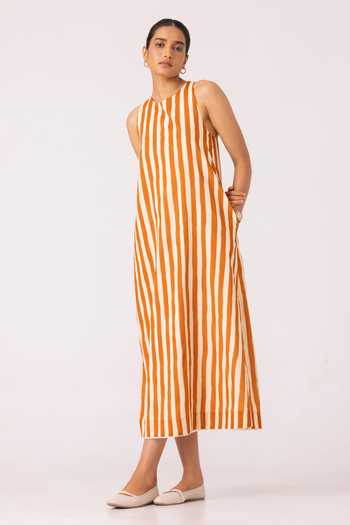 The Summer House_White Cotton Round Neck Amaran Rust Striped Midi Dress _at_Aza_Fashions