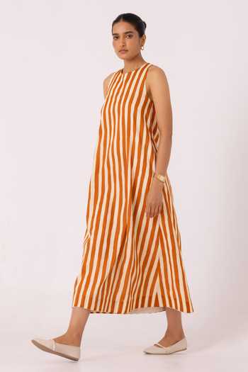 Buy_The Summer House_White Cotton Round Neck Amaran Rust Striped Midi Dress 