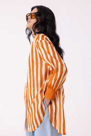 The Summer House_White Cotton Collared Tori Rust Striped Shirt _Online_at_Aza_Fashions