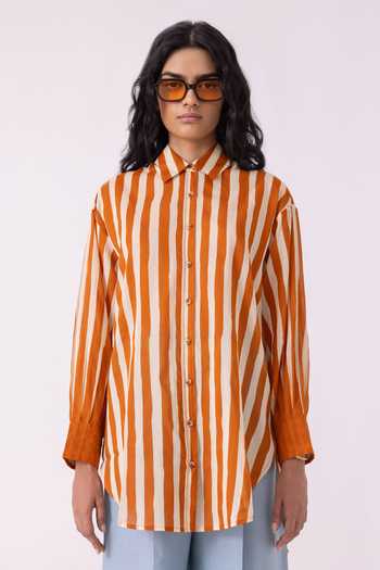 Shop_The Summer House_White Cotton Collared Tori Rust Striped Shirt _Online_at_Aza_Fashions