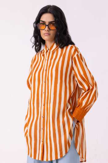 The Summer House_White Cotton Collared Tori Rust Striped Shirt _at_Aza_Fashions