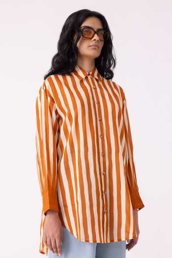 Buy_The Summer House_White Cotton Collared Tori Rust Striped Shirt 