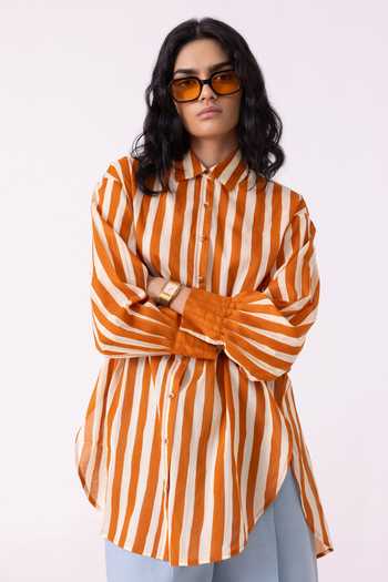 Shop_The Summer House_White Cotton Collared Tori Rust Striped Shirt 