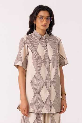 The Summer House_Cream Cotton Collared Tess Hand Printed Shirt _Online_at_Aza_Fashions