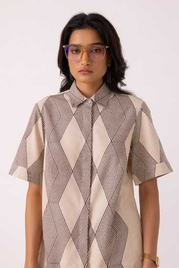 Shop_The Summer House_Cream Cotton Collared Tess Hand Printed Shirt _Online_at_Aza_Fashions