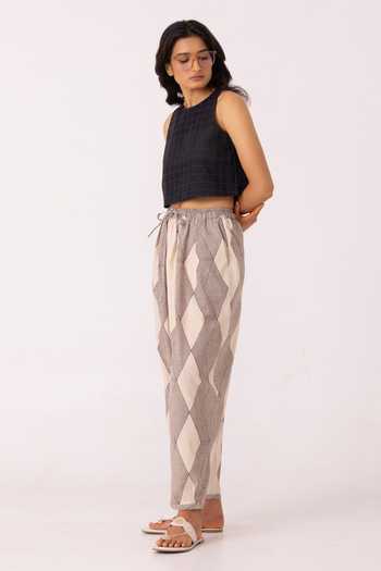 The Summer House_Beige Cotton Sonja Hand Printed Barrel Pant _Online_at_Aza_Fashions