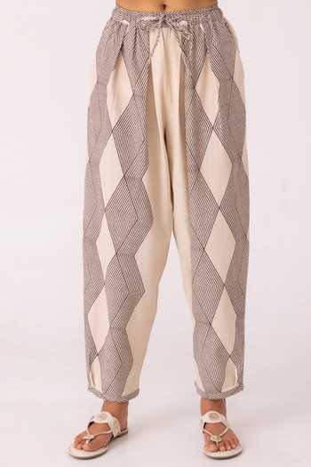 Buy_The Summer House_Beige Cotton Sonja Hand Printed Barrel Pant _Online_at_Aza_Fashions
