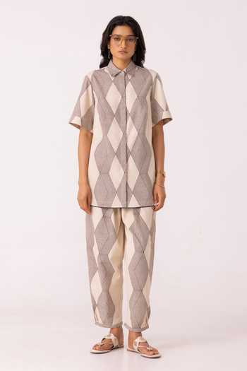 Buy_The Summer House_Beige Cotton Sonja Hand Printed Barrel Pant 