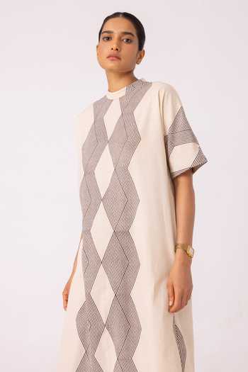 The Summer House_Beige Cotton Round Neck Ehan Printed Midi Dress _at_Aza_Fashions