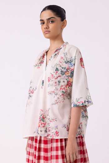 The Summer House_Multi Color Cotton, Voile Split V-neck Meg Floral Printed Top _Online_at_Aza_Fashions