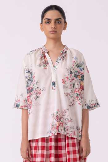 Shop_The Summer House_Multi Color Cotton, Voile Split V-neck Meg Floral Printed Top 