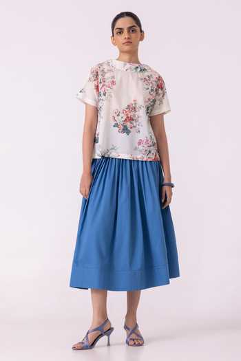 The Summer House_Multi Color Cotton, Voile Shawl Neck Nora Floral Print Top _Online_at_Aza_Fashions