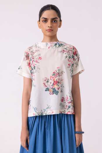 The Summer House_Multi Color Cotton, Voile Shawl Neck Nora Floral Print Top _at_Aza_Fashions