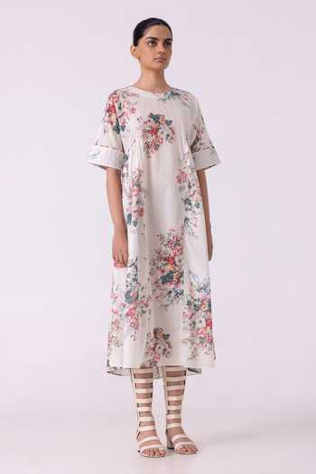 The Summer House_Multi Color Cotton, Voile Round Neck Lily Floral Print Dress _Online_at_Aza_Fashions