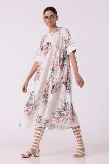 The Summer House_Multi Color Cotton, Voile Round Neck Lily Floral Print Dress _at_Aza_Fashions