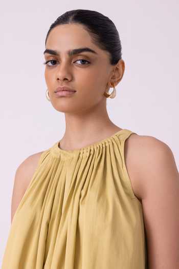 The Summer House_Yellow Cotton Halter Neck Margo Pleated Top_Online_at_Aza_Fashions
