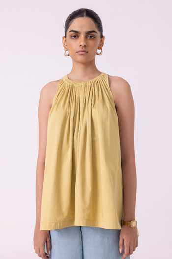Shop_The Summer House_Yellow Cotton Halter Neck Margo Pleated Top_Online_at_Aza_Fashions
