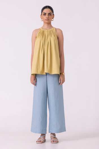 Buy_The Summer House_Yellow Cotton Halter Neck Margo Pleated Top
