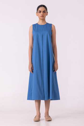 The Summer House_Blue Cotton Round Neck Brooke A Line Midi Dress _Online_at_Aza_Fashions