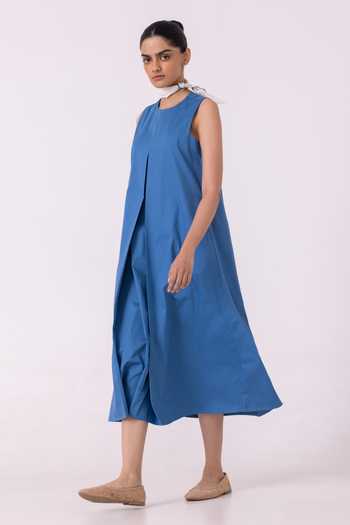 Buy_The Summer House_Blue Cotton Round Neck Brooke A Line Midi Dress _Online_at_Aza_Fashions