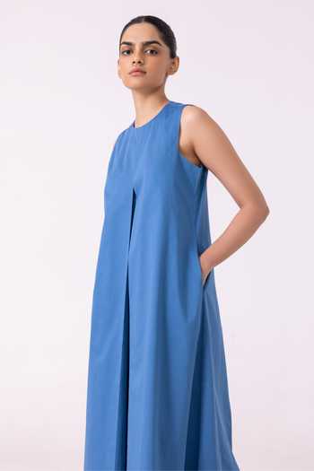 The Summer House_Blue Cotton Round Neck Brooke A Line Midi Dress _at_Aza_Fashions
