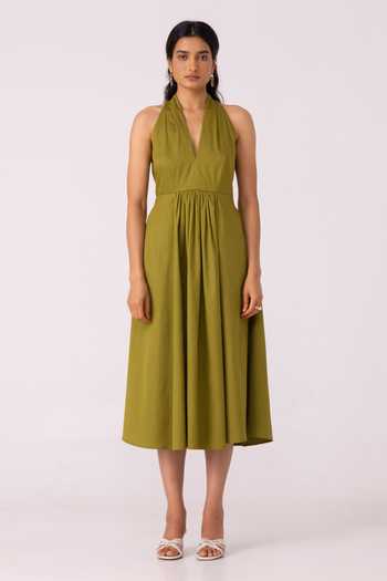 The Summer House_Olive Green Cotton Halter Neck Daisy Dress _Online_at_Aza_Fashions