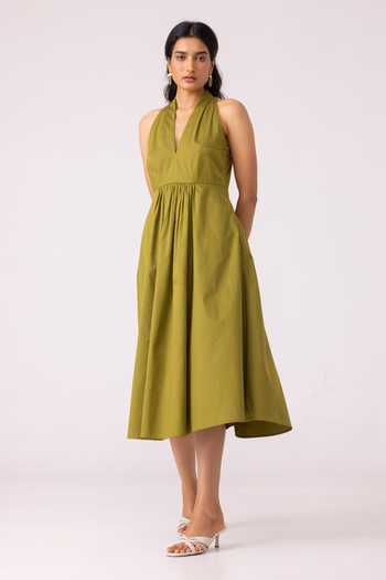 Buy_The Summer House_Olive Green Cotton Halter Neck Daisy Dress _Online_at_Aza_Fashions