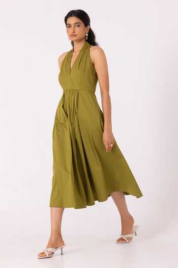Shop_The Summer House_Olive Green Cotton Halter Neck Daisy Dress _Online_at_Aza_Fashions