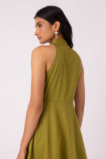 The Summer House_Olive Green Cotton Halter Neck Daisy Dress _at_Aza_Fashions