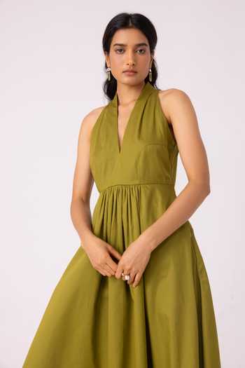 Buy_The Summer House_Olive Green Cotton Halter Neck Daisy Dress 