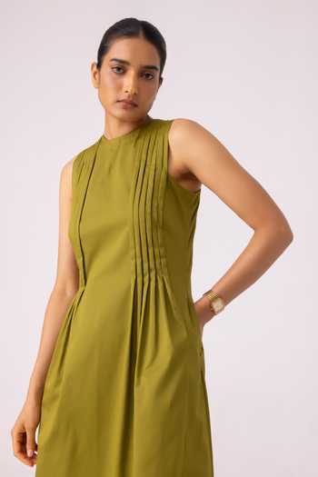 The Summer House_Olive Green Cotton Round Neck Indika Pleated Midi Dress _Online_at_Aza_Fashions