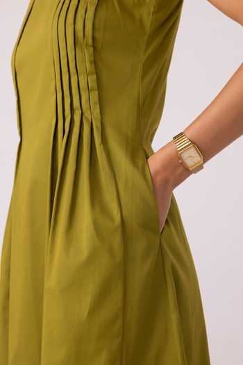 Buy_The Summer House_Olive Green Cotton Round Neck Indika Pleated Midi Dress _Online_at_Aza_Fashions