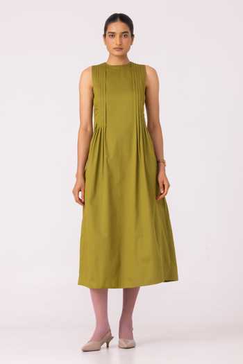 Shop_The Summer House_Olive Green Cotton Round Neck Indika Pleated Midi Dress _Online_at_Aza_Fashions