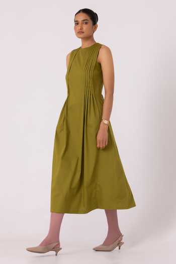 The Summer House_Olive Green Cotton Round Neck Indika Pleated Midi Dress _at_Aza_Fashions