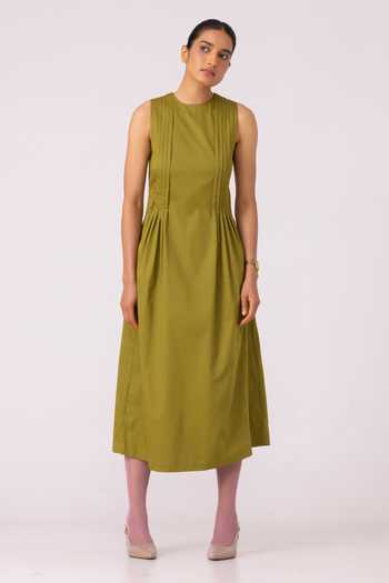 Buy_The Summer House_Olive Green Cotton Round Neck Indika Pleated Midi Dress 