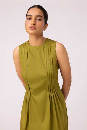 Shop_The Summer House_Olive Green Cotton Round Neck Indika Pleated Midi Dress 