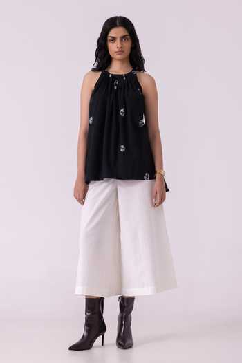 The Summer House_Black Cotton Round Neck Margo Bandhani Handwoven Top _Online_at_Aza_Fashions