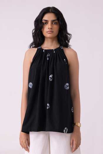 Buy_The Summer House_Black Cotton Round Neck Margo Bandhani Handwoven Top _Online_at_Aza_Fashions