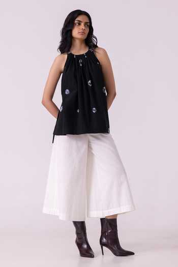 Shop_The Summer House_Black Cotton Round Neck Margo Bandhani Handwoven Top _Online_at_Aza_Fashions