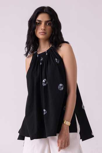 The Summer House_Black Cotton Round Neck Margo Bandhani Handwoven Top _at_Aza_Fashions