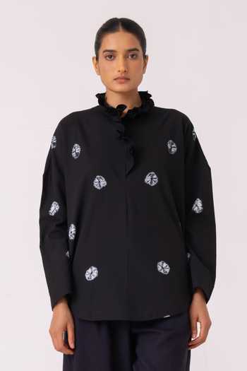 Shop_The Summer House_Black Cotton Collared Eowyn Bandhani Handwoven Shirt 