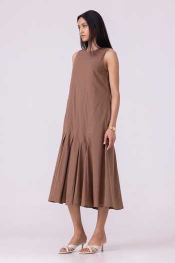 Buy The Summer House Brown Cotton, Cambric Round Neck Arwen Pleated Midi Dress Online at Aza Fashions Buy_The Summer House_Brown Cotton, Cambric Round Neck Arwen Pleated Midi Dress _Online_at_Aza_Fashions