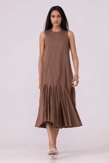 The Summer House Brown Cotton, Cambric Round Neck Arwen Pleated Midi Dress at Aza Fashions The Summer House_Brown Cotton, Cambric Round Neck Arwen Pleated Midi Dress _at_Aza_Fashions