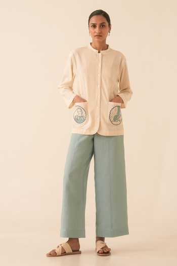 The Summer House_Off White Handloom Cotton Mandarin Collar Alma Handwoven Shacket _Online_at_Aza_Fashions