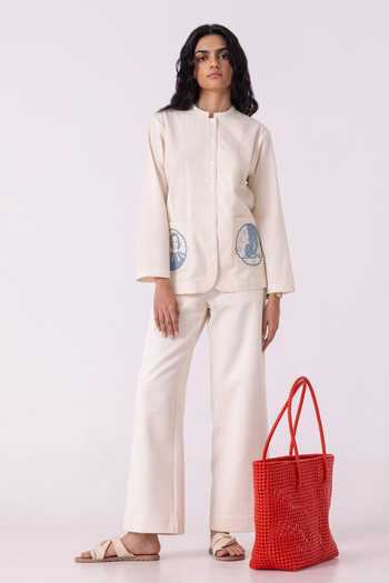 Buy_The Summer House_Off White Handloom Cotton Mandarin Collar Alma Handwoven Shacket _Online_at_Aza_Fashions
